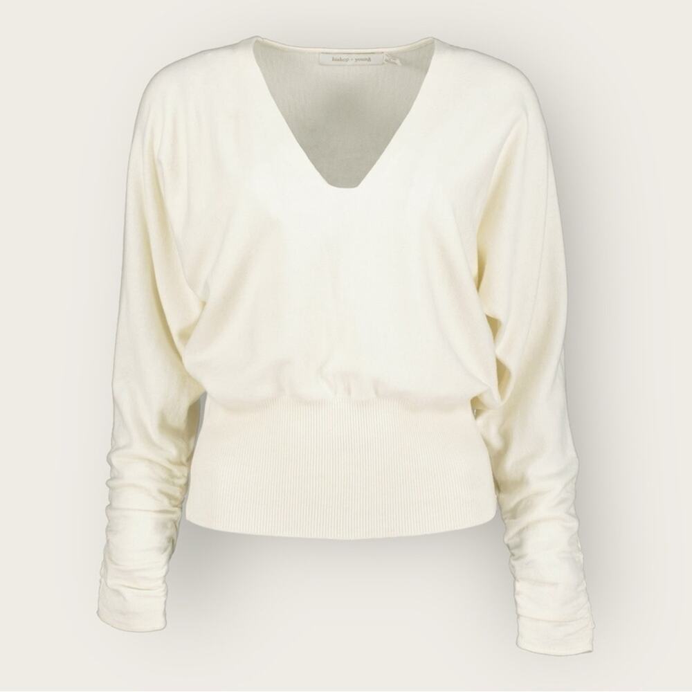 NWT | Bishop & Young | Ava Ruche Sleeve V-Neck Sweater | Ivory | XS